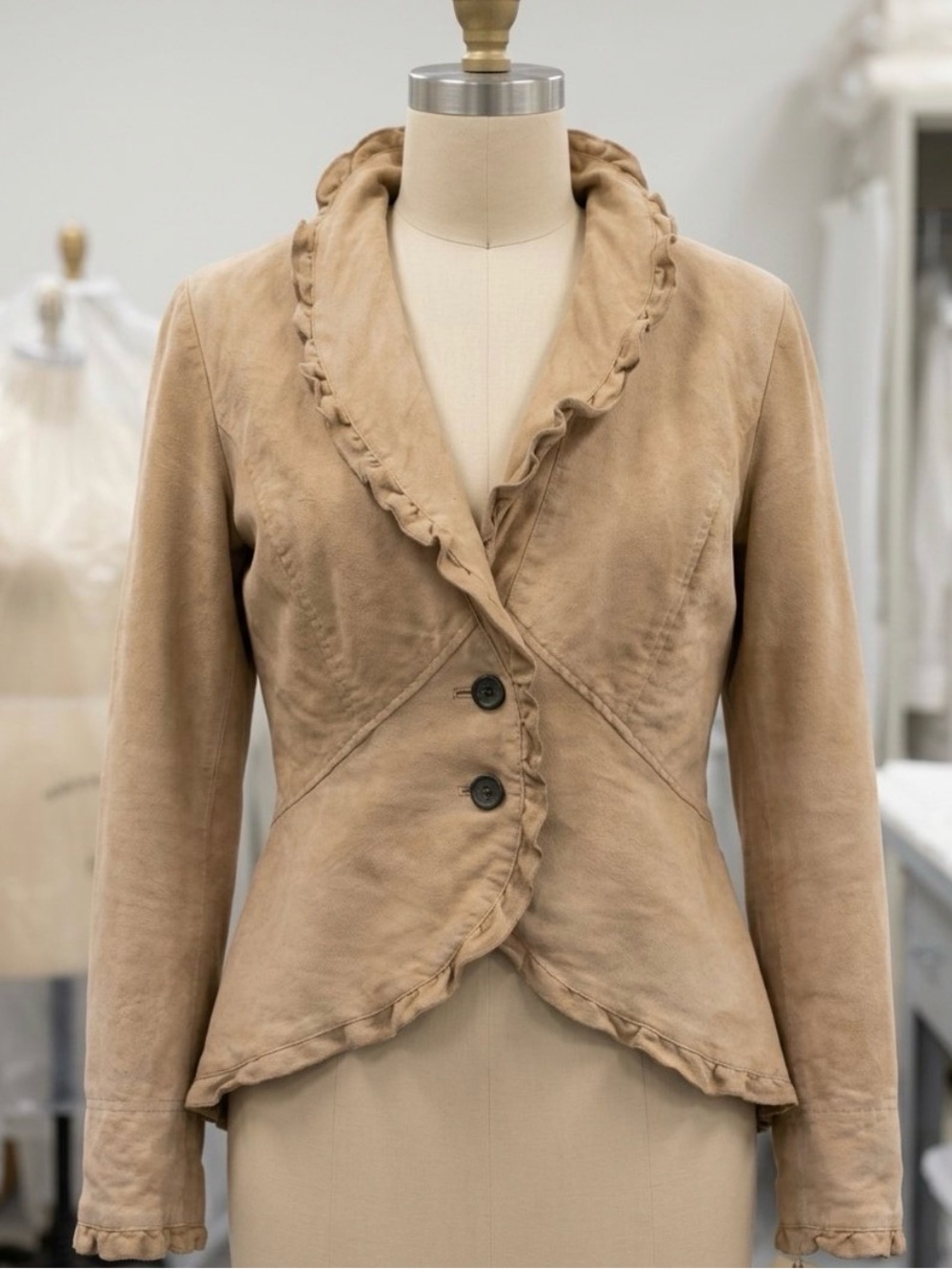 Vintage 1990’s early 2000’s Y2K Faded Glory Beige Ruffled Shawl Collar Blazer